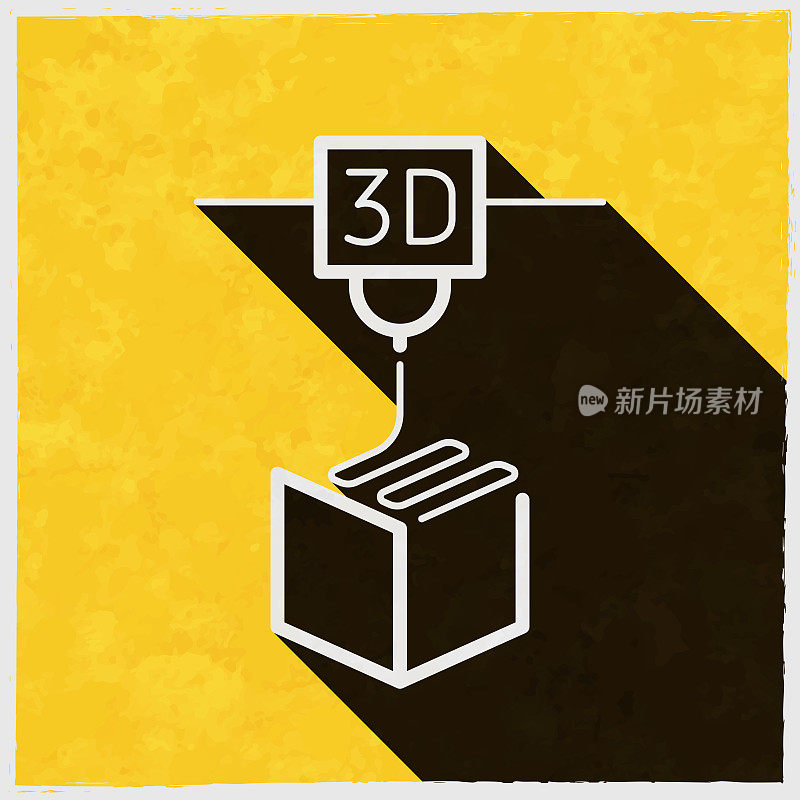 3 d打印机。图标与长阴影的纹理黄色背景